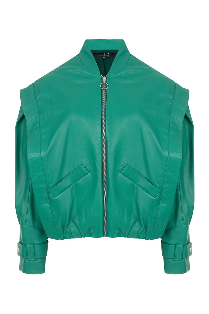 Maz Manuela Álvarez leather bomber jacket in Milano green, featuring a sleek design and classic collar detail.