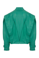 Maz Manuela Álvarez bomber leather jacket in Milano green, showing close-up of the stylish, fitted design with collar and zip closure.