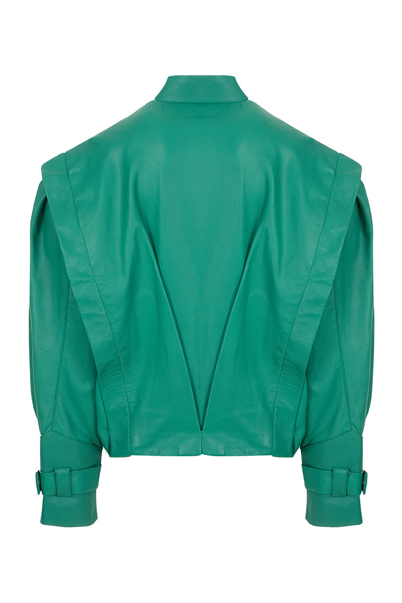 Maz Manuela Álvarez bomber leather jacket in Milano green, showing close-up of the stylish, fitted design with collar and zip closure.