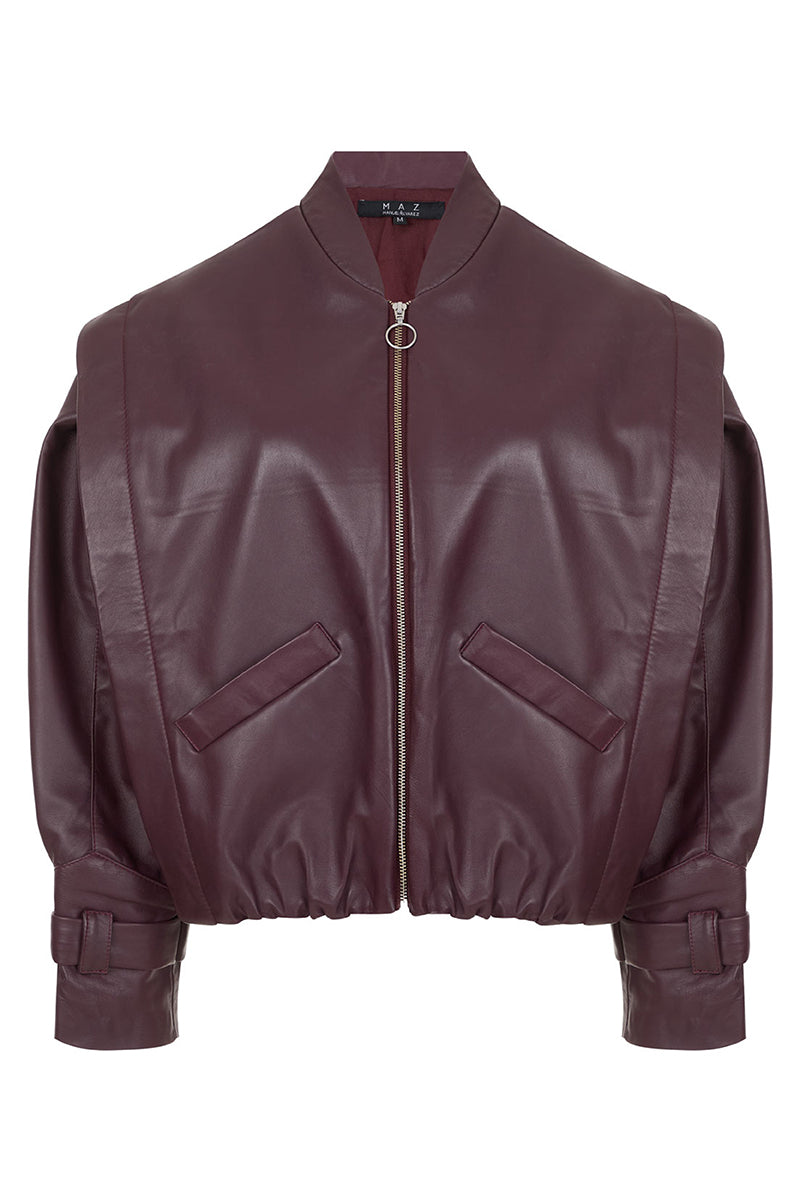 BOMBER LEATHER JACKET IN WINE RED - CULT MIA