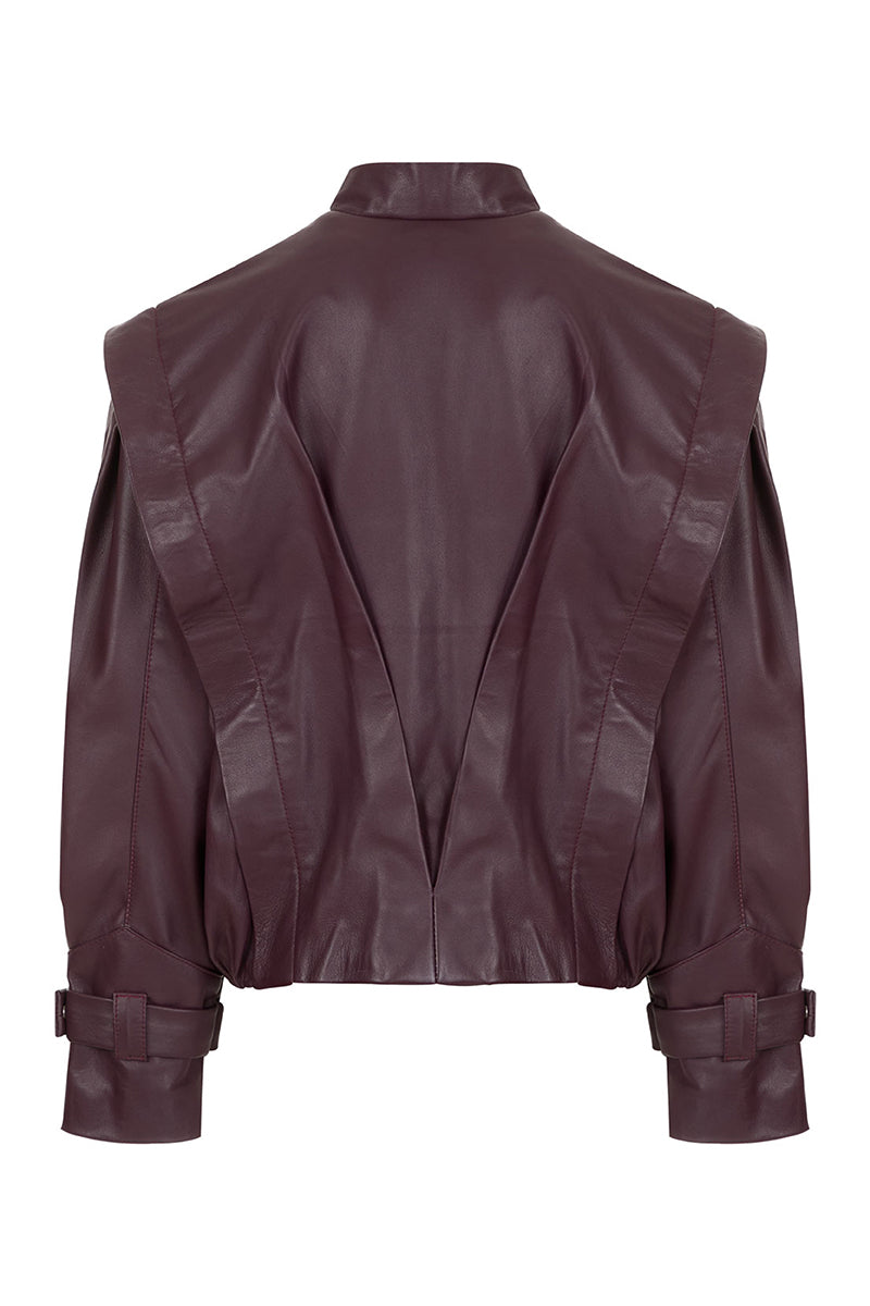 Wine red bomber leather jacket by MAZ Manuela Álvarez, featuring a stylish, fitted design with front zipper and ribbed cuffs.