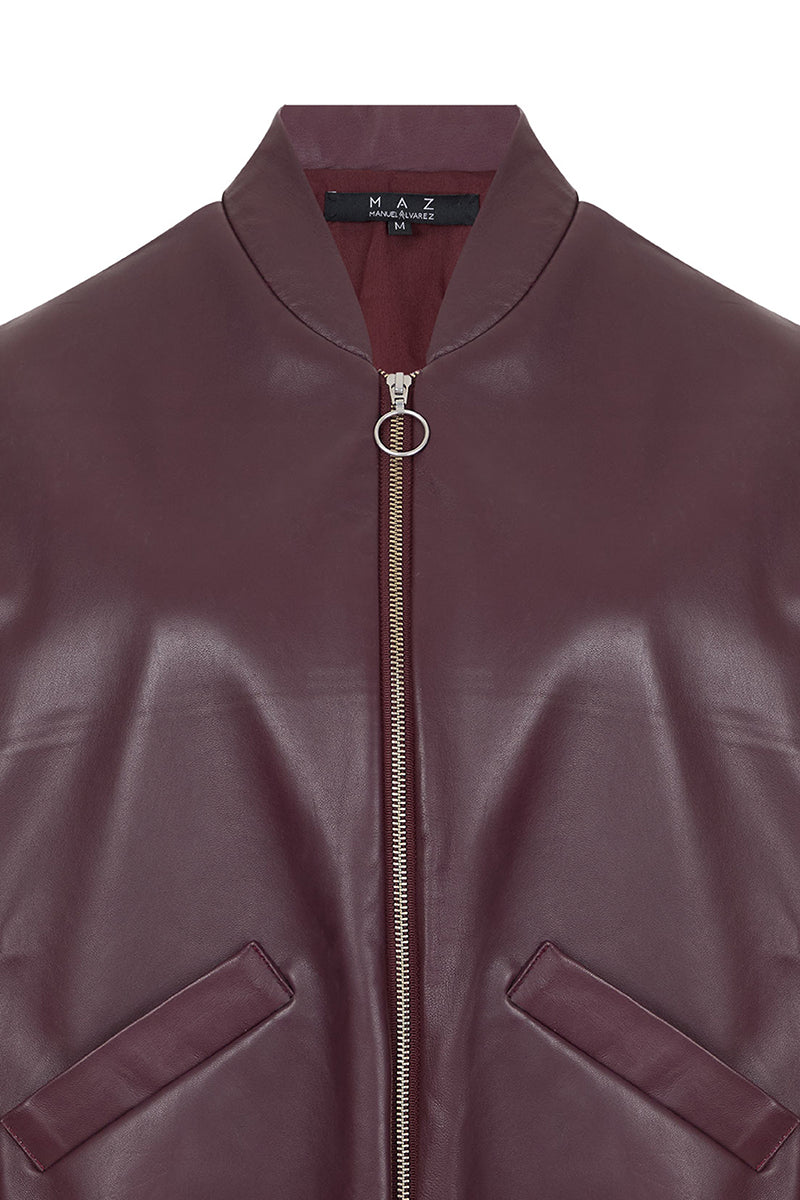 Maz Manuela Álvarez wine red leather bomber jacket, stylish and fitted with a smooth leather texture and classic design.