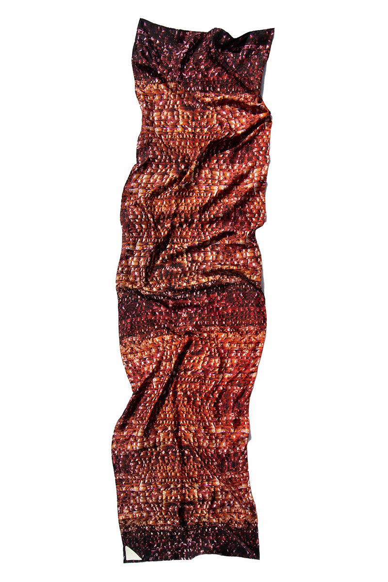 Bordeaux Brocot silk scarf by Amel Batita featuring intricate brocot pattern and elegant drape.