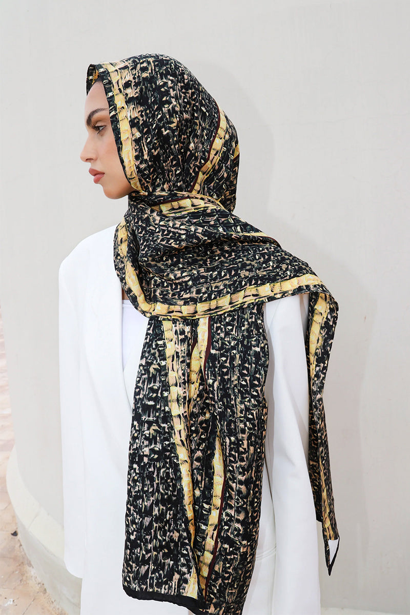 Brown Brocot silk scarf by Amel Batita featuring intricate brocot pattern, ideal for stylish head and neck wear.
