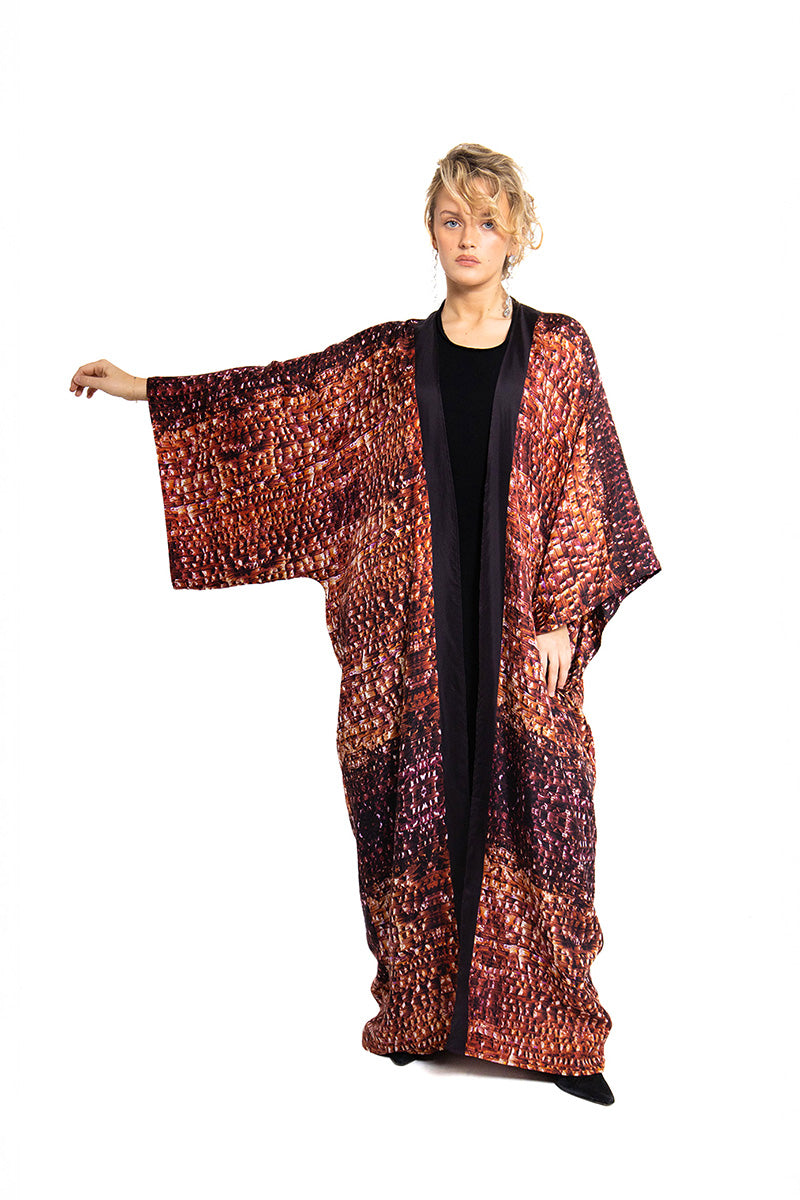 Bordeaux Brocot kimono maxi dress by Amel Batita featuring flowing fabric and elegant design, suitable for stylish modest wear.