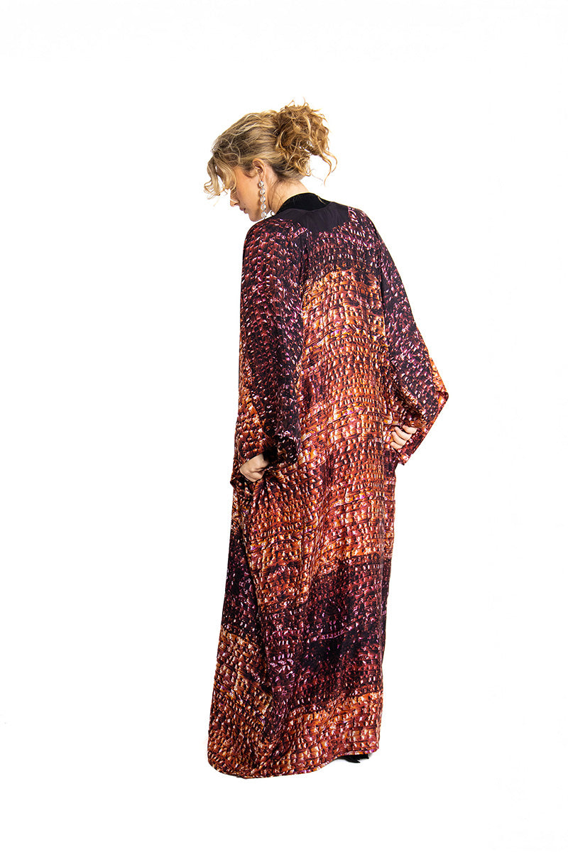 Bordeaux Brocot Kimono maxi dress by Amel Batita, flowing fabric with wide sleeves, back view in a stylish, elegant design.