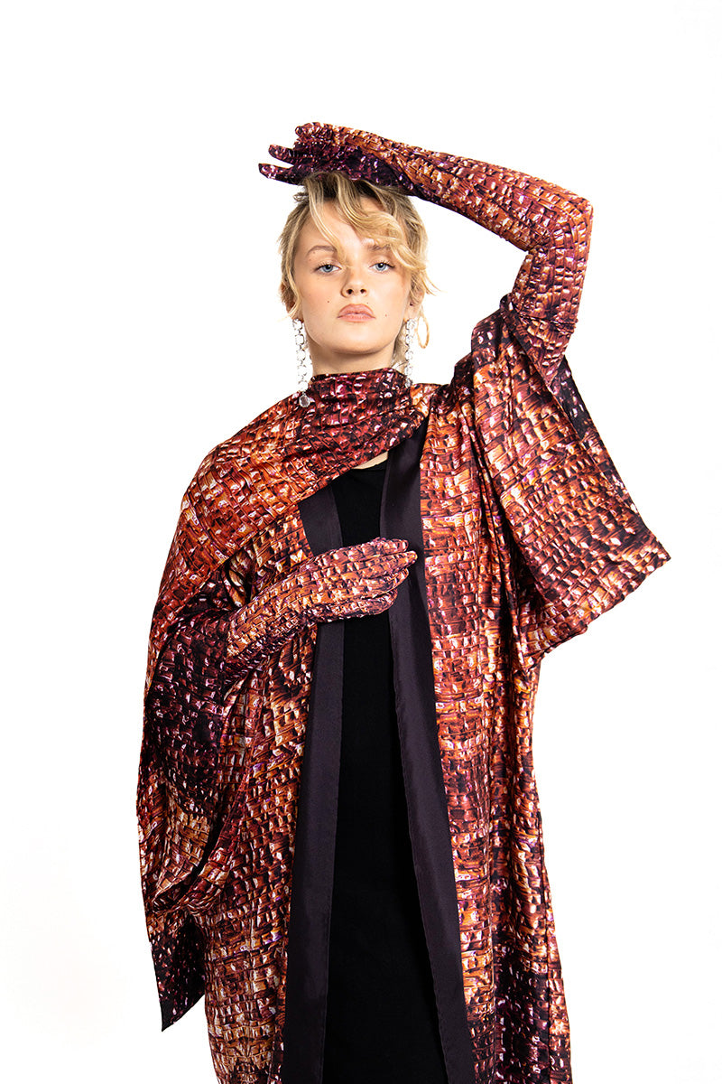 Bordeaux Brocot Kimono maxi dress by Amel Batita featuring flowing fabric and elegant design, displayed with matching gloves.