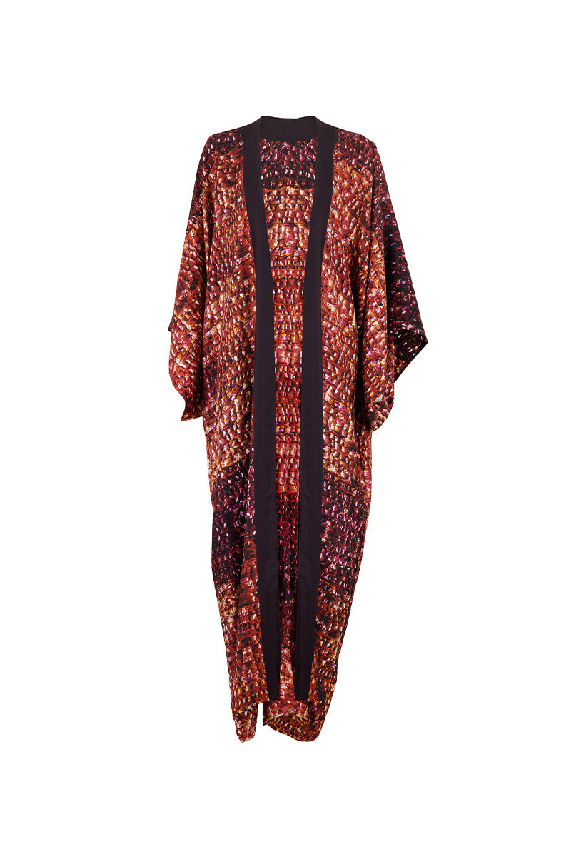 Bordeaux Brocot kimono maxi dress by Amel Batita featuring flowing fabric and elegant design, displayed on a model.
