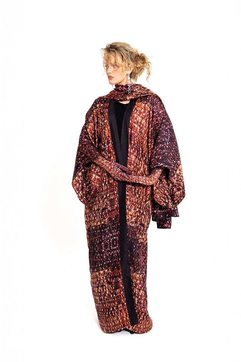 Bordeaux Brocot Kimono maxi dress by Amel Batita featuring flowing fabric and intricate pattern details.