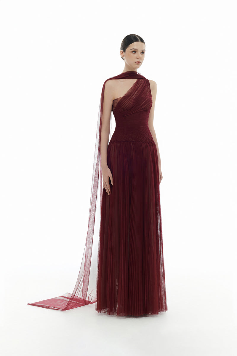 BORDEAUX DRAPED MAXI DRESS - CULT MIA