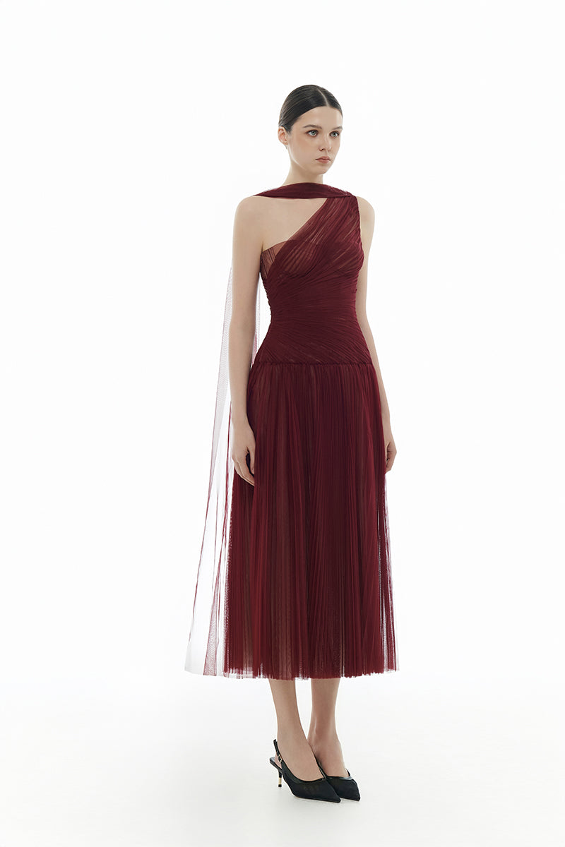 BORDEAUX DRAPED MIDI DRESS - CULT MIA