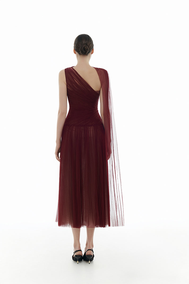 BORDEAUX DRAPED MIDI DRESS - CULT MIA