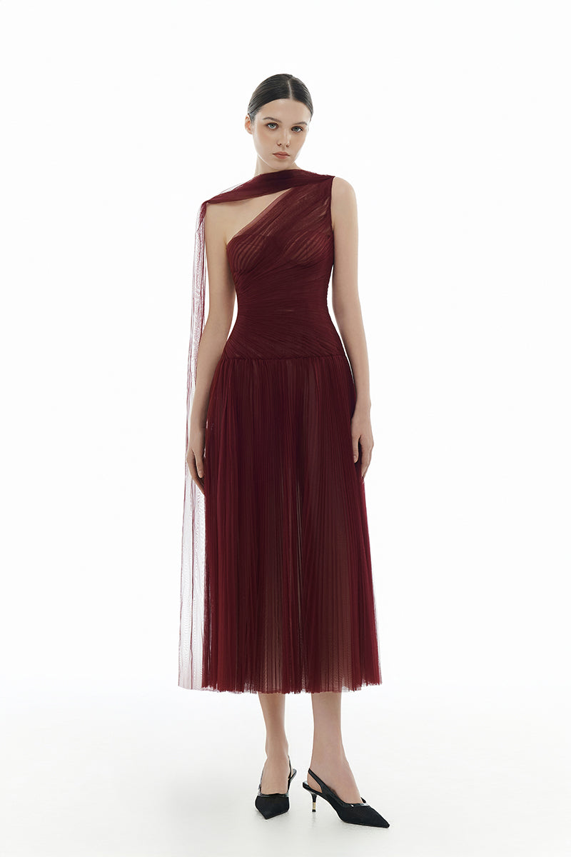 BORDEAUX DRAPED MIDI DRESS - CULT MIA