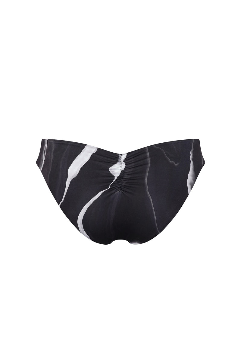 Nelblu Morpho bikini bottom in black print with full coverage, showcasing a stylish and comfortable swimwear design.
