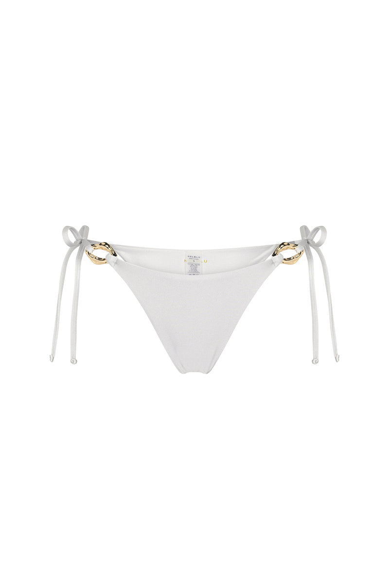 Nelblu Luna bikini bottom in Filigrana pattern, with floral design and adjustable side ties, lying flat on a white background.