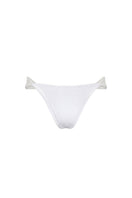Nelblu shell bikini bottom in white with adjustable side ties, displayed on a flat surface with natural light.