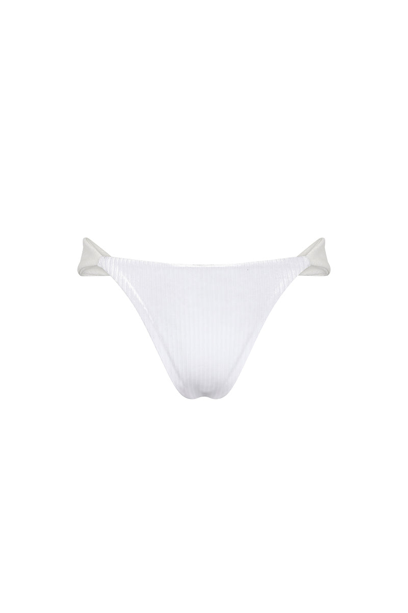 Nelblu shell bikini bottom in white with adjustable side ties, displayed on a flat surface with natural light.