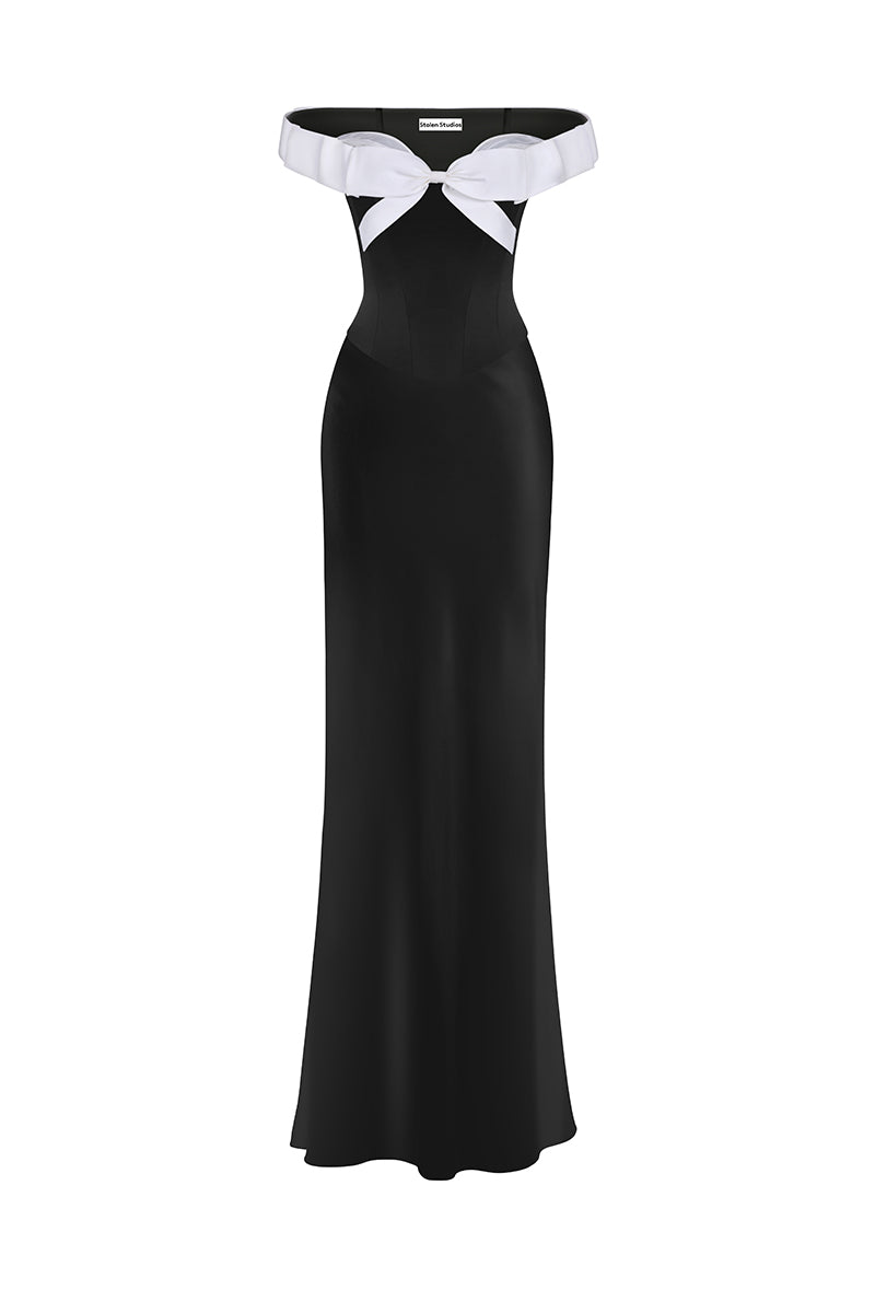 Black bow corset maxi gown by Stolen Stores featuring a structured bustier top and flowing skirt.