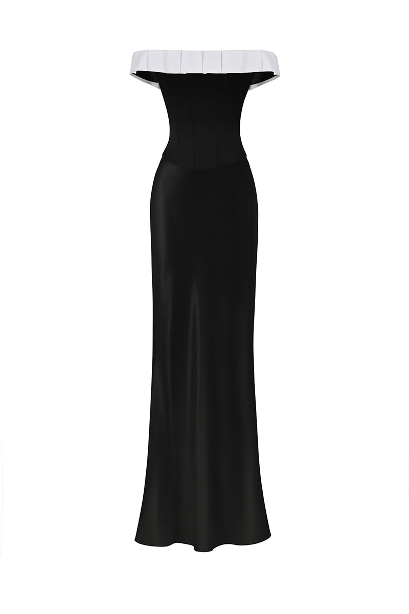 Black bow-corset maxi gown by Stolen Stores featuring a fitted bustier top and flowing skirt, elegant evening wear.