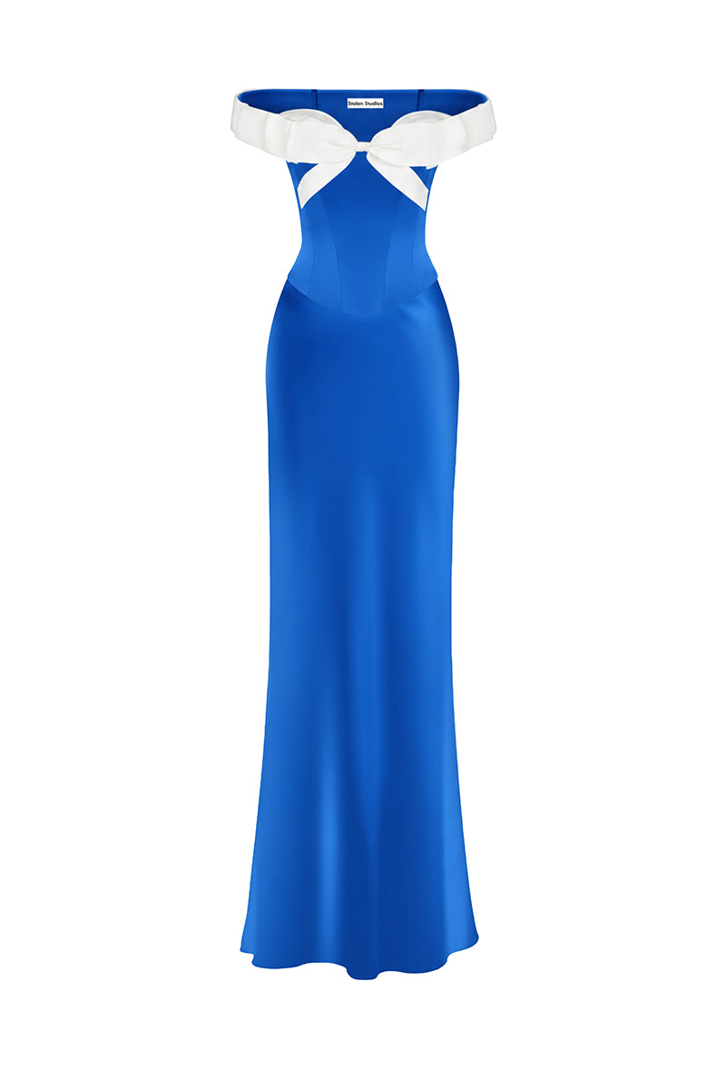 Blue bow-corset bustier maxi gown by Stolen Stores featuring a structured bodice and flowing skirt for elegant wear.