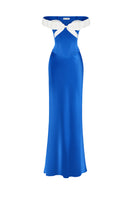 Blue bow-corset bustier maxi gown by Stolen Stores featuring a structured bodice and flowing skirt for elegant wear.