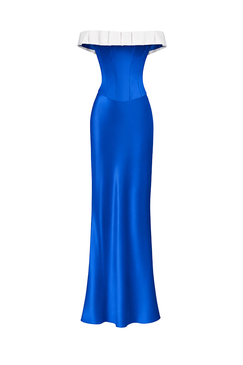 Blue bow-corset maxi gown by Stolen Stores, featuring a fitted bustier top and flowing length, perfect for elegant occasions.