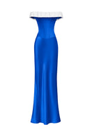 Blue bow-corset maxi gown by Stolen Stores, featuring a fitted bustier top and flowing length, perfect for elegant occasions.
