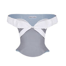Gray and white bow corset bustier top by Stolen Stores, featuring a structured design with a front bow detail.