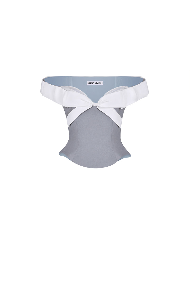 Gray and white bow corset bustier top by Stolen Stores, featuring a structured design with a front bow detail.