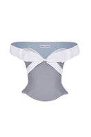 Gray and white bow corset bustier top by Stolen Stores, featuring a structured design with a front bow detail.