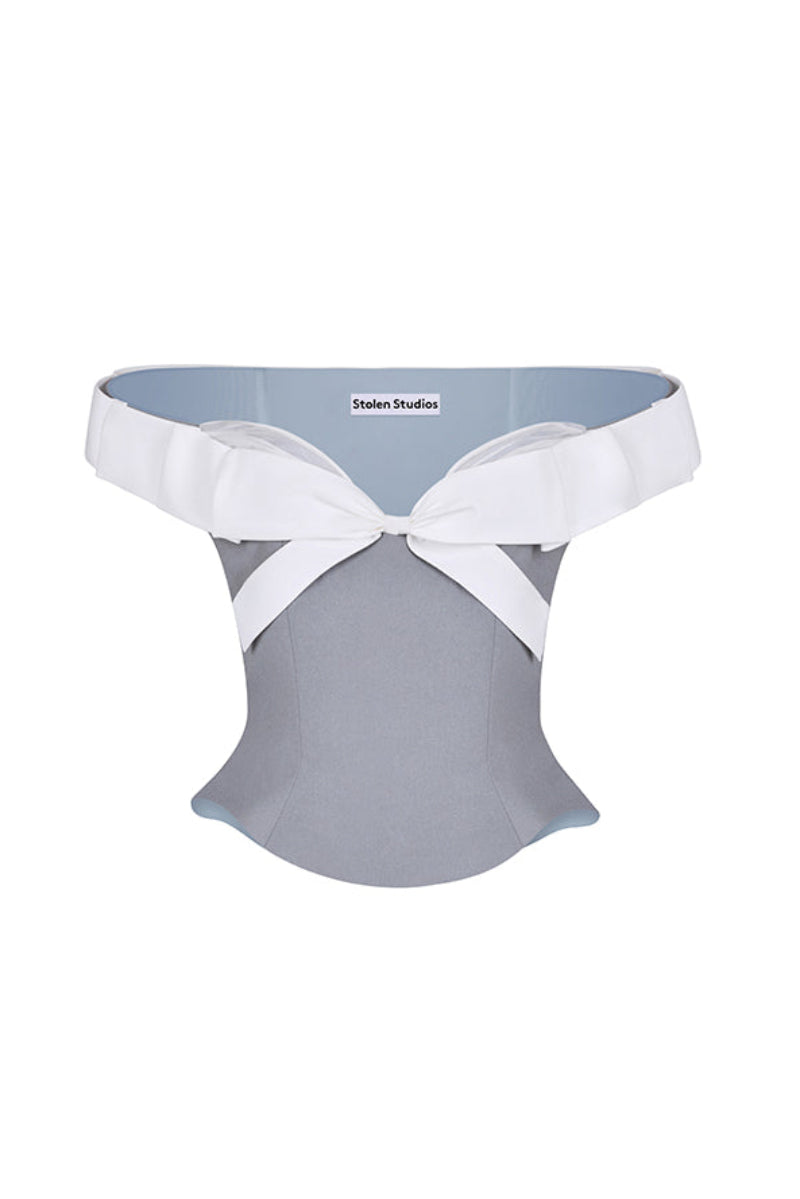 Gray and white bow corset bustier top by Stolen Stores, featuring a structured design with a front bow detail.