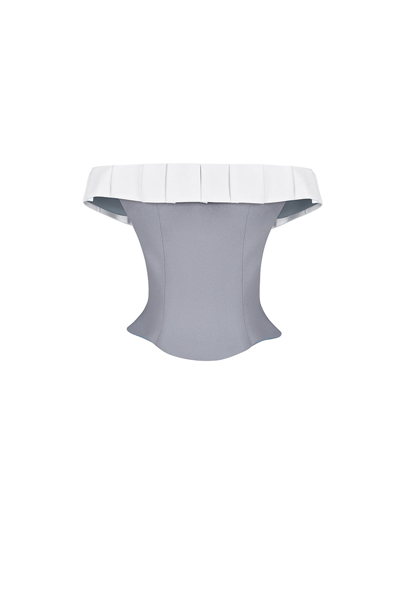 Gray and white bow corset bustier top by Stolen Stores featuring structured design and stylish details.
