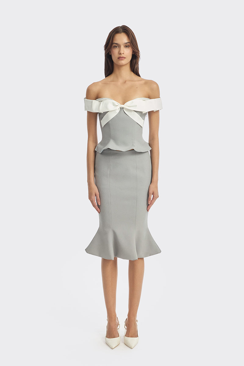Gray and white bow corset bustier top by Stolen Stores, featuring a fitted design with a stylish bow detail.