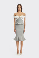 Gray and white bow corset bustier top by Stolen Stores, featuring a fitted design with a stylish bow detail.