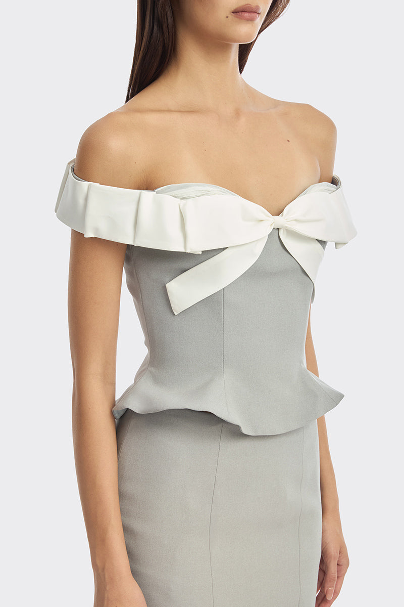 Gray and white bow corset bustier top by Stolen Stores, featuring structured design and stylish detailing.