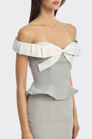 Gray and white bow corset bustier top by Stolen Stores, featuring structured design and stylish detailing.