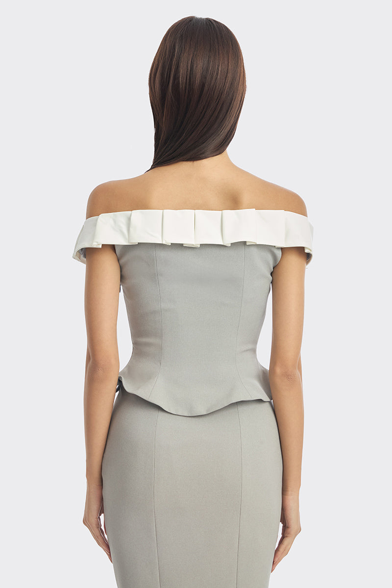 Gray and white bow corset bustier top by Stolen Stores, featuring a fitted design with structured bust and stylish bow detail.