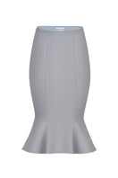 Gray and white bow knee-length midi skirt from Stolen Stores, showcasing its stylish design and flowy fabric.