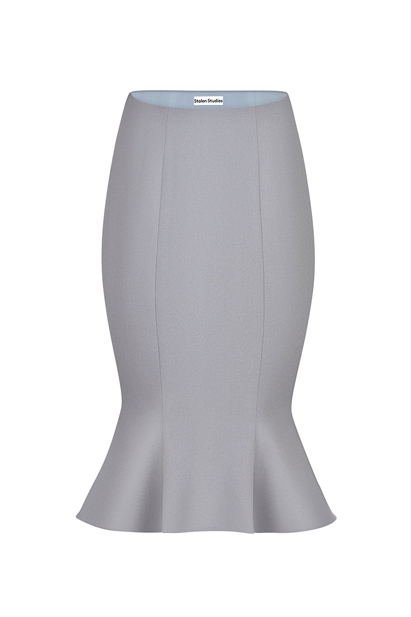 Gray and white bow knee-length midi skirt from Stolen Stores, showcasing its stylish design and flowy fabric.