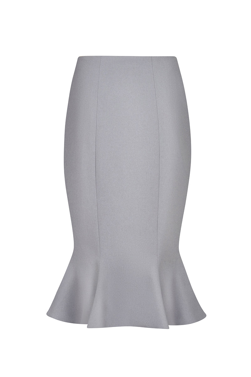 Gray and white bow knee-length midi skirt by Stolen Stores, featuring a stylish and feminine design.