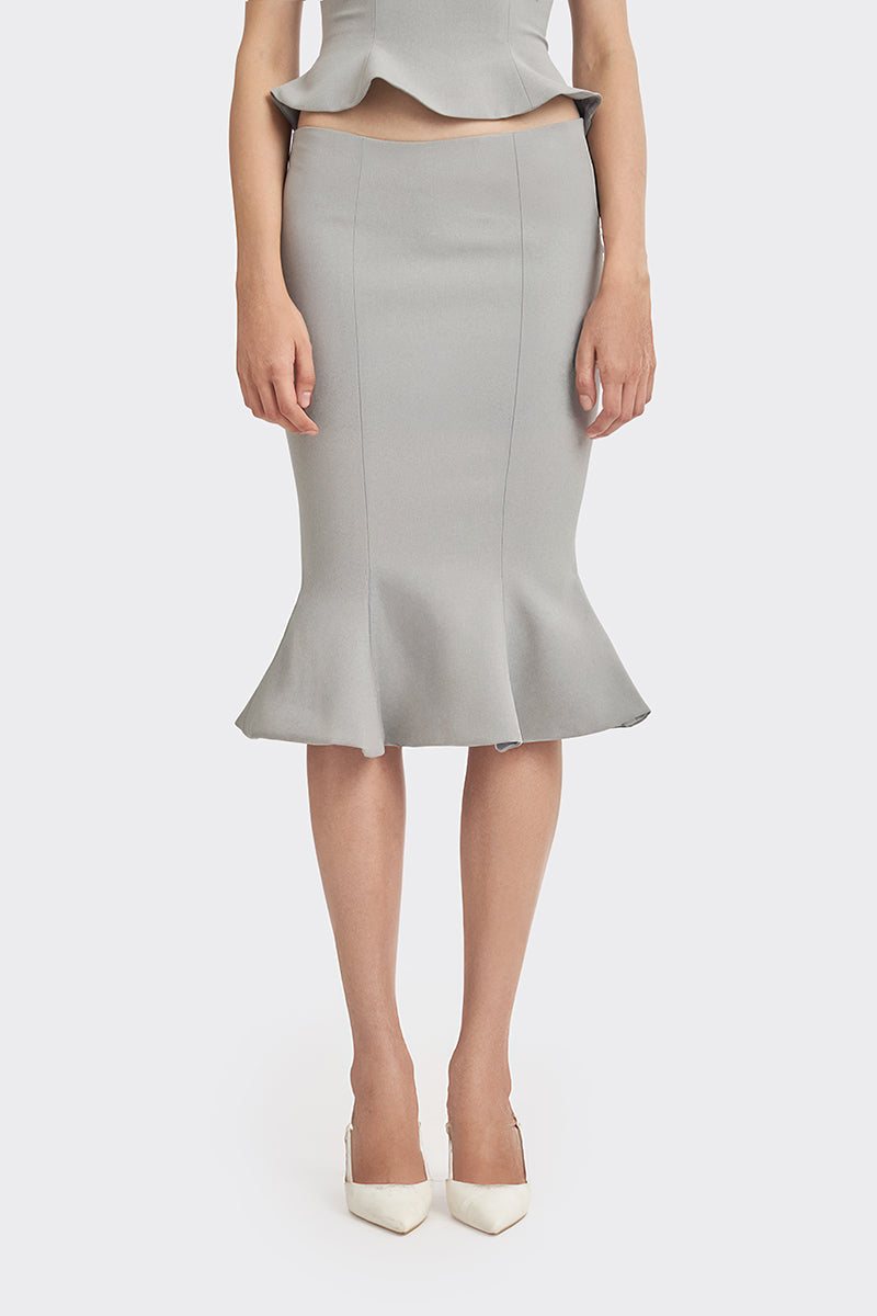 Gray and white bow knee-length midi skirt by Stolen Stores, featuring a stylish and elegant design for casual or dressy wear.