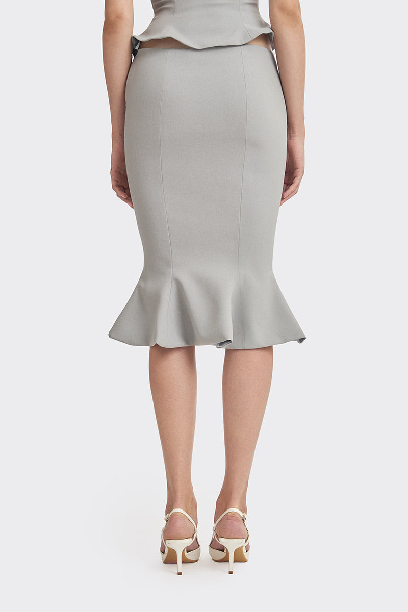 Gray and white bow knee-length midi skirt by Stolen Stores, showing the stylish design and fabric details.