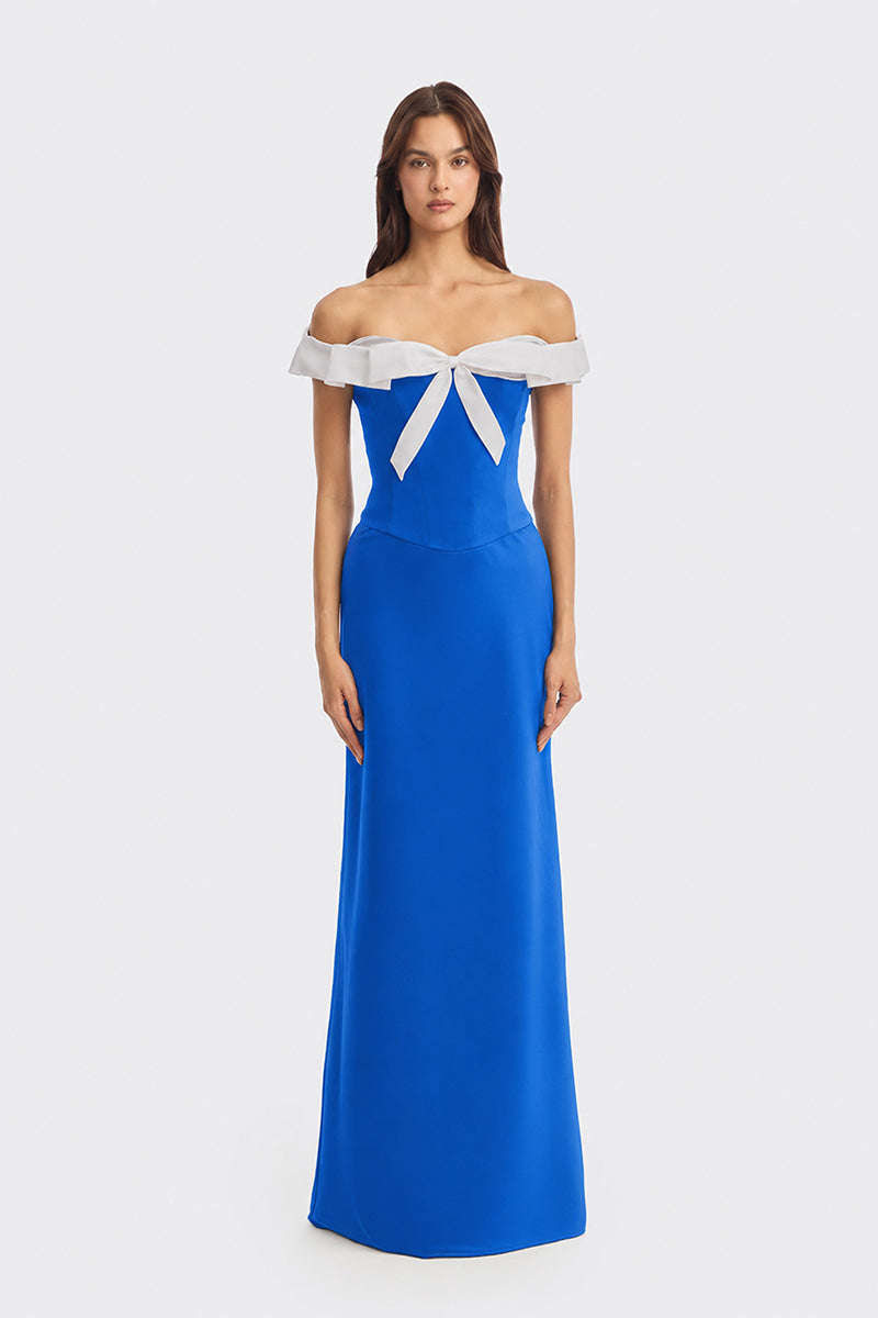 Navy CULT MIA X Stolen Stores bow corset maxi dress, elegant gown with a fitted corset top and flowing skirt, styled for formal occasions.