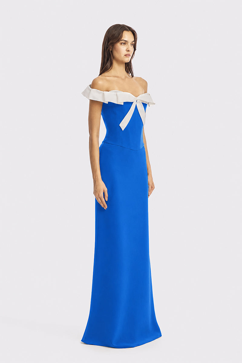 Navy CULT MIA X Stolen Stores bow corset maxi gown with fitted bodice and flowing skirt, stylish and elegant evening wear.