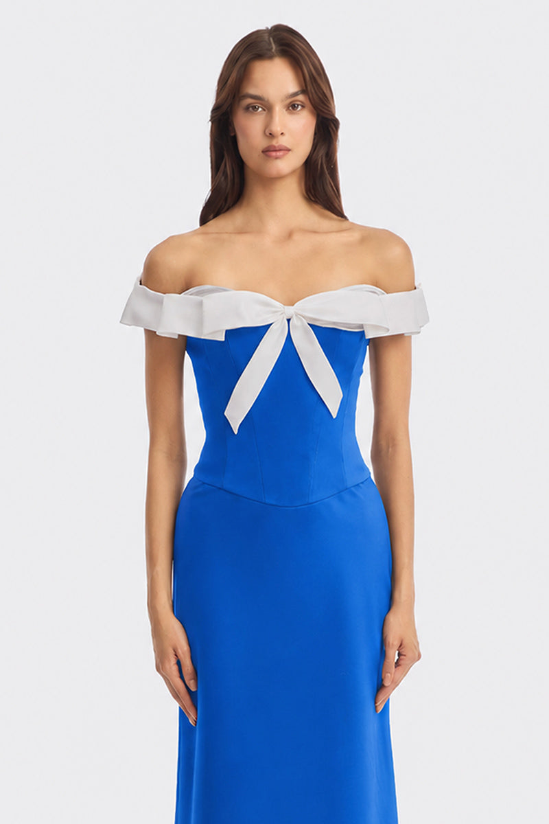 Navy CULT MIA X Stolen Stores bow corset maxi gown with a fitted bodice and flowing skirt, styled for elegant occasions.