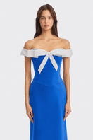 Navy CULT MIA X Stolen Stores bow corset maxi gown with a fitted bodice and flowing skirt, styled for elegant occasions.