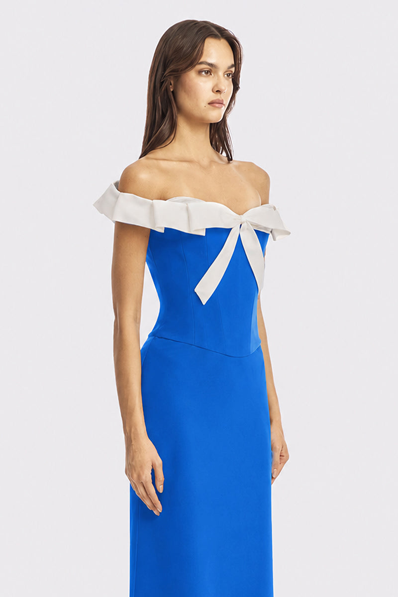 Navy bow corset maxi gown by Stolen Stores from the CULT MIA X Stolen Stores collection, featuring a fitted corset top and flowing skirt.