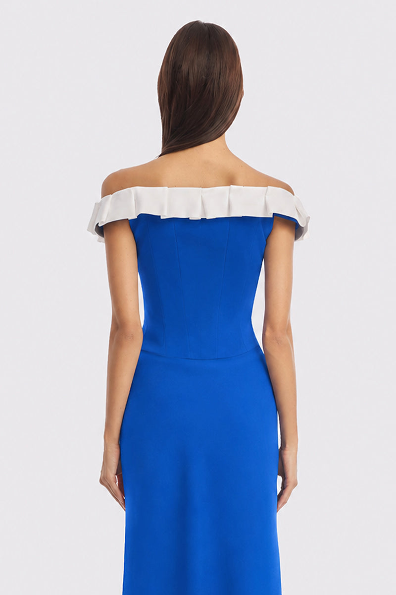 Navy CULT MIA X STOLEN STORES bow corset maxi gown with a fitted bodice and flowing skirt, styled with elegant details.