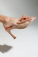 Tan bow mule sandals by House of Atana, featuring a stylish bow detail and slip-on design for casual or dressy wear.