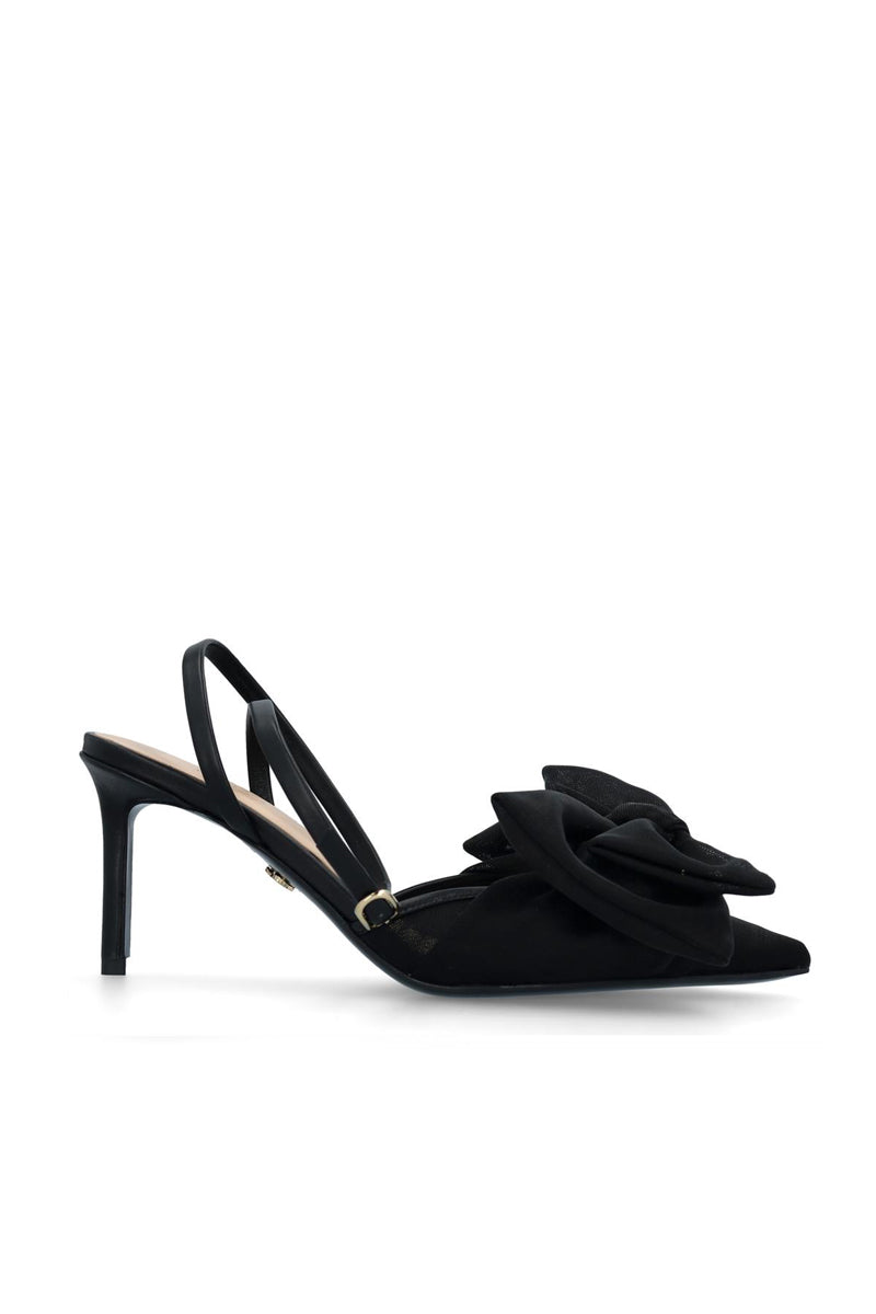 Black nappa leather bow slippers with low heels from House of Atana, stylish and comfortable footwear.
